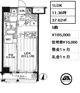 1LDK 37.62㎡ 5階 賃料¥185,000 管理費¥10,000 敷金1ヶ月 礼金1ヶ月