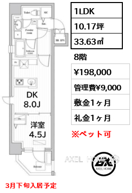 間取り10 1LDK 33.63㎡  賃料¥198,000 管理費¥9,000 敷金1ヶ月 礼金1ヶ月 3月下旬入居予定