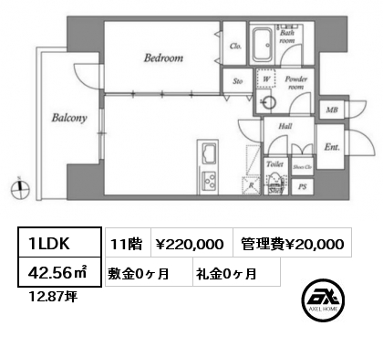 1LDK 42.56㎡ 11階 賃料¥220,000 管理費¥20,000 敷金0ヶ月 礼金0ヶ月