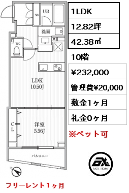 間取り10 1LDK 42.38㎡ 10階 賃料¥232,000 管理費¥20,000 敷金1ヶ月 礼金0ヶ月 フリーレント１ヶ月