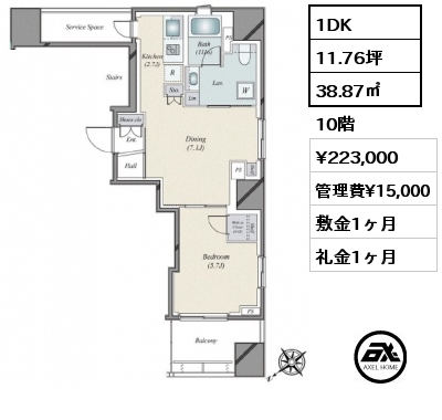 1DK 38.87㎡ 10階 賃料¥223,000 管理費¥15,000 敷金1ヶ月 礼金1ヶ月 定期借家3年