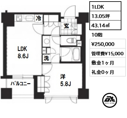 間取り10 1LDK 43.14㎡  賃料¥250,000 管理費¥15,000 敷金1ヶ月 礼金0ヶ月 　
