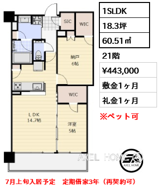1SLDK 60.51㎡  賃料¥443,000 敷金1ヶ月 礼金1ヶ月 7月上旬入居予定　定期借家3年（再契約可）
