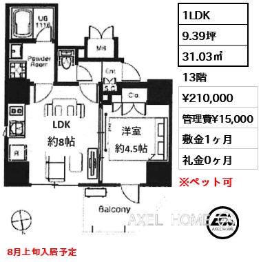 1LDK 31.03㎡  賃料¥210,000 管理費¥15,000 敷金1ヶ月 礼金0ヶ月 8月上旬入居予定