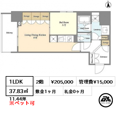 1LDK 37.83㎡ 2階 賃料¥205,000 管理費¥15,000 敷金1ヶ月 礼金0ヶ月