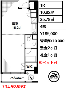 間取り10 1R 35.78㎡  賃料¥185,000 管理費¥10,000 敷金2ヶ月 礼金1ヶ月 7月上旬入居予定