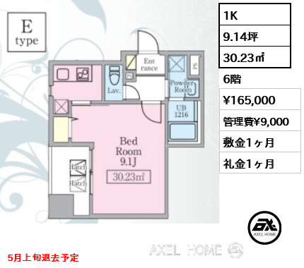 1K 30.23㎡  賃料¥165,000 管理費¥9,000 敷金1ヶ月 礼金1ヶ月 5月上旬退去予定