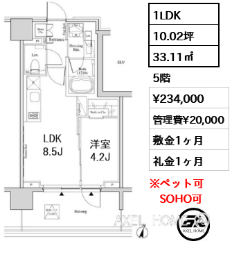 1LDK 33.11㎡  賃料¥234,000 管理費¥20,000 敷金1ヶ月 礼金1ヶ月 11月中旬入居予定
