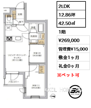 2LDK 42.50㎡  賃料¥269,000 管理費¥15,000 敷金1ヶ月 礼金0ヶ月
