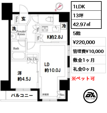 間取り10 1LDK 42.97㎡  賃料¥220,000 管理費¥10,000 敷金1ヶ月 礼金0ヶ月 12月中旬入居予定