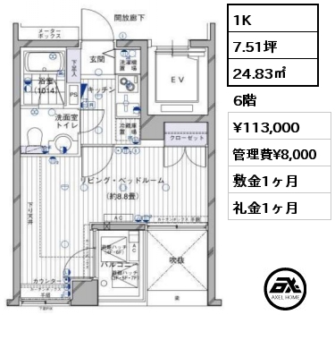 間取り10 1K 24.83㎡ 6階 賃料¥113,000 管理費¥8,000 敷金1ヶ月 礼金1ヶ月