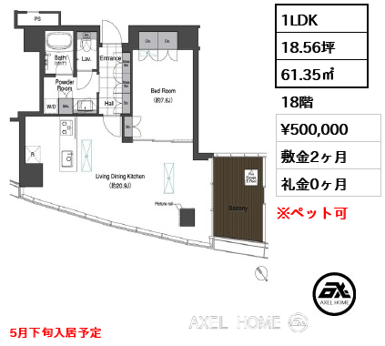 間取り10 1LDK 61.35㎡  賃料¥500,000 敷金2ヶ月 礼金0ヶ月 5月下旬入居予定