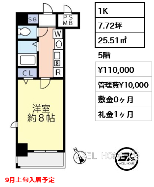 1K 25.51㎡  賃料¥110,000 管理費¥10,000 敷金0ヶ月 礼金1ヶ月 9月上旬入居予定