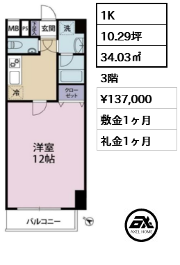間取り10 1K 34.03㎡  賃料¥137,000 敷金1ヶ月 礼金1ヶ月