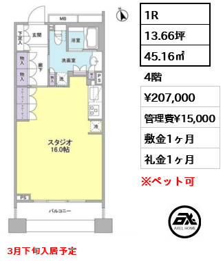 間取り10 1R 45.16㎡  賃料¥207,000 管理費¥15,000 敷金1ヶ月 礼金1ヶ月 3月下旬入居予定
