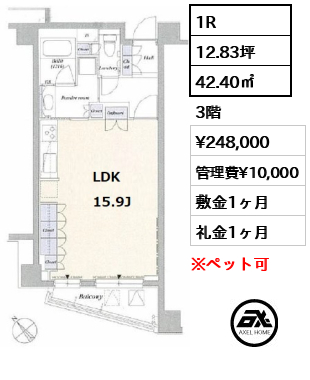 間取り10 1R 42.40㎡  賃料¥248,000 管理費¥10,000 敷金1ヶ月 礼金1ヶ月 　　　　　　　