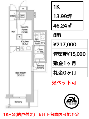 間取り10 1K 46.24㎡  賃料¥217,000 管理費¥15,000 敷金1ヶ月 礼金0ヶ月 1K+Ｓ(納戸付き)　5月下旬案内可能予定