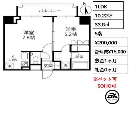 1LDK 33.8㎡ 5階 賃料¥200,000 管理費¥15,000 敷金1ヶ月 礼金0ヶ月
