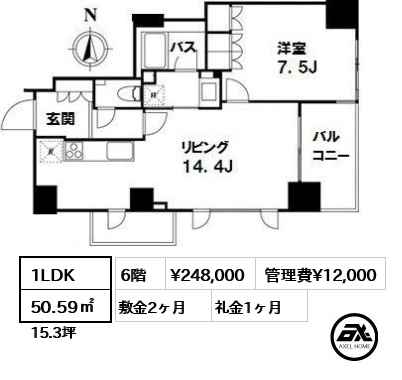 間取り10 1LDK 50.59㎡  賃料¥248,000 管理費¥12,000 敷金2ヶ月 礼金1ヶ月
