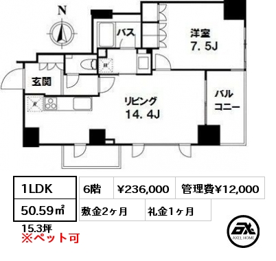 間取り10 1LDK 50.59㎡ 6階 賃料¥236,000 管理費¥12,000 敷金2ヶ月 礼金1ヶ月