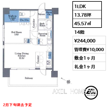 1LDK 45.57㎡  賃料¥244,000 管理費¥10,000 敷金1ヶ月 礼金1ヶ月 2月下旬退去予定