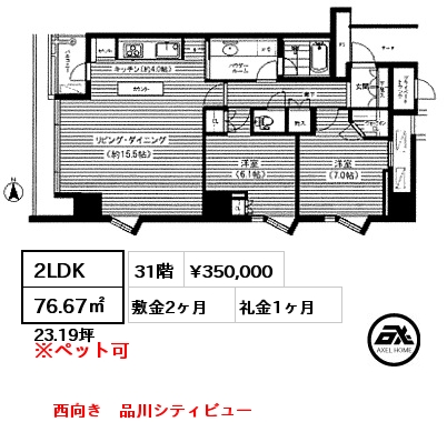 間取り10 1LDK 41.64㎡ 4階 賃料¥200,000 敷金2ヶ月 礼金1ヶ月 2025年2月28日までの定期借家