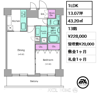 1LDK 43.20㎡  賃料¥228,000 管理費¥20,000 敷金1ヶ月 礼金1ヶ月