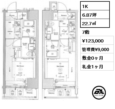 間取り10 1K 22.7㎡ 7階 賃料¥123,000 管理費¥9,000 敷金0ヶ月 礼金1ヶ月