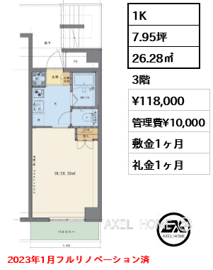 1K 26.28㎡  賃料¥118,000 管理費¥10,000 敷金1ヶ月 礼金1ヶ月 2023年1月フルリノベーション済