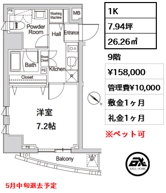 間取り10 1K 26.26㎡  賃料¥158,000 管理費¥10,000 敷金1ヶ月 礼金1ヶ月 5月中旬退去予定