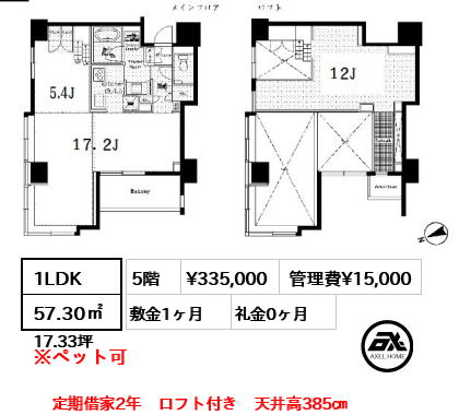 間取り10 1LDK 57.30㎡  賃料¥335,000 管理費¥15,000 敷金1ヶ月 礼金0ヶ月 定期借家2年　ロフト付き　天井高385㎝　　