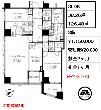 3LDK 126.48㎡ 3階 賃料¥1,150,000 管理費¥20,000 敷金2ヶ月 礼金1ヶ月 定期借家2年