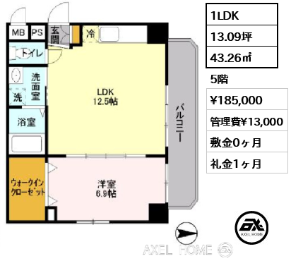 1LDK 43.26㎡  賃料¥185,000 管理費¥13,000 敷金0ヶ月 礼金1ヶ月