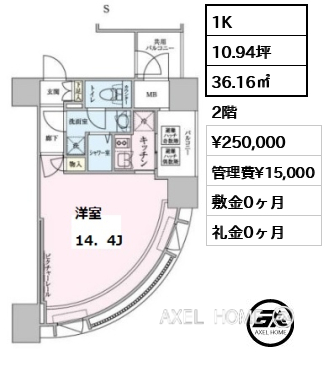 間取り10 1K 36.16㎡  賃料¥250,000 管理費¥15,000 敷金0ヶ月 礼金0ヶ月 　　　　　　　 　　　　　　　　　　