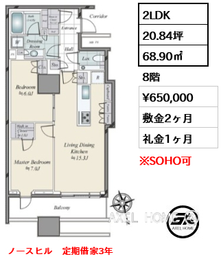 2LDK 68.90㎡  賃料¥650,000 敷金2ヶ月 礼金1ヶ月 ノースヒル　定期借家3年