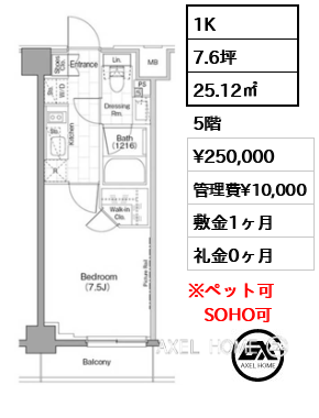 1K 25.12㎡  賃料¥250,000 管理費¥10,000 敷金1ヶ月 礼金0ヶ月