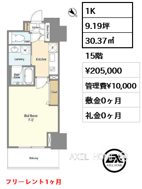 1K 30.37㎡  賃料¥205,000 管理費¥10,000 敷金0ヶ月 礼金0ヶ月 フリーレント1ヶ月　
