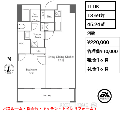 1LDK 45.24㎡  賃料¥220,000 管理費¥10,000 敷金1ヶ月 礼金1ヶ月 バスルーム・洗面台・キッチン・トイレリフォーム！
