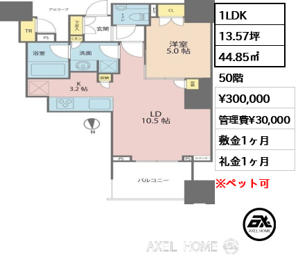 1LDK 44.85㎡  賃料¥300,000 管理費¥30,000 敷金1ヶ月 礼金1ヶ月