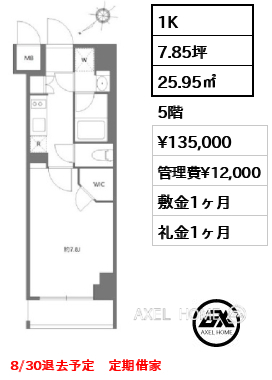 1K 25.95㎡  賃料¥135,000 管理費¥12,000 敷金1ヶ月 礼金1ヶ月 8/30退去予定　定期借家