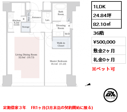 1LDK 82.10㎡ 36階 賃料¥596,000 敷金2ヶ月 礼金0ヶ月 定期借家３年　空き予定