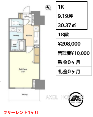 1K 30.37㎡  賃料¥208,000 管理費¥10,000 敷金0ヶ月 礼金0ヶ月 フリーレント1ヶ月　　
