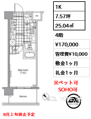 1K 25.04㎡  賃料¥170,000 管理費¥10,000 敷金1ヶ月 礼金1ヶ月 8月上旬退去予定