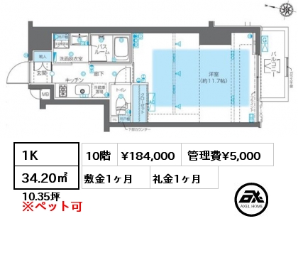 間取り11 1K 34.20㎡ 10階 賃料¥184,000 管理費¥5,000 敷金1ヶ月 礼金1ヶ月 　