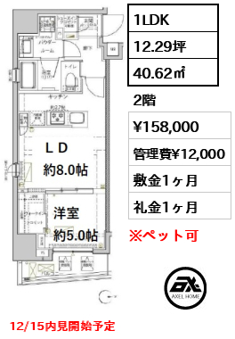 間取り11 1LDK 40.62㎡  賃料¥158,000 管理費¥12,000 敷金1ヶ月 礼金1ヶ月 12/15内見開始予定