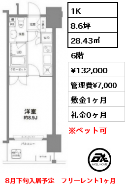 間取り11 1K 28.43㎡ 6階 賃料¥132,000 管理費¥7,000 敷金1ヶ月 礼金0ヶ月 8月下旬入居予定　フリーレント1ヶ月