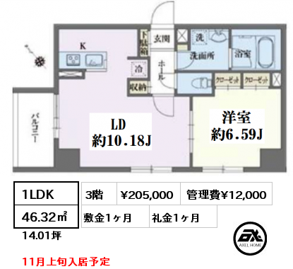 間取り11 1LDK 46.32㎡ 3階 賃料¥205,000 管理費¥12,000 敷金1ヶ月 礼金1ヶ月 11月上旬入居予定