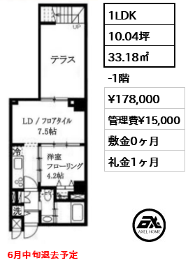 間取り11 1LDK 33.18㎡  賃料¥178,000 管理費¥15,000 敷金0ヶ月 礼金1ヶ月 6月中旬退去予定