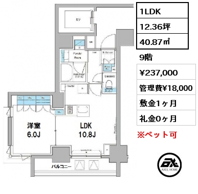間取り11 1LDK 40.87㎡ 9階 賃料¥237,000 管理費¥18,000 敷金1ヶ月 礼金0ヶ月 2024年1月中旬案内可能