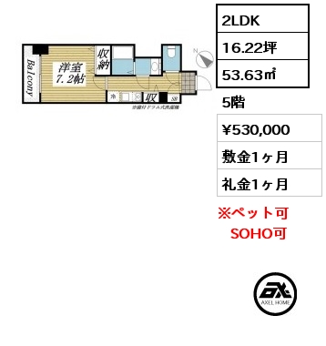 間取り11 2LDK 53.63㎡ 5階 賃料¥530,000 敷金1ヶ月 礼金1ヶ月